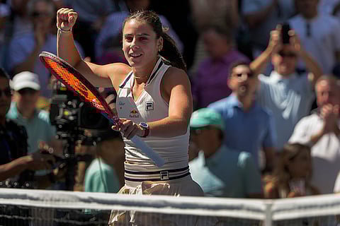 2024 US Open quarterfinals: Emma Navarro, of the United States, reacts after defeating Paula Badosa, of Spain